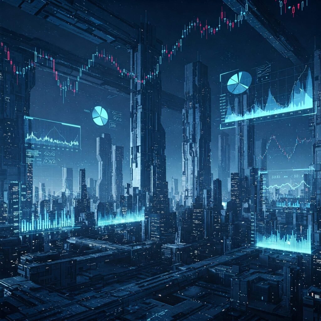 Futuristic Cityscape with Charts