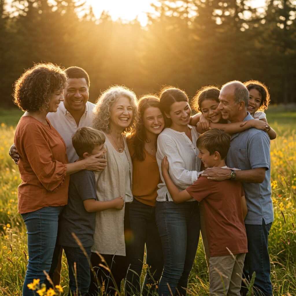 Multi-generational family embracing outdoors