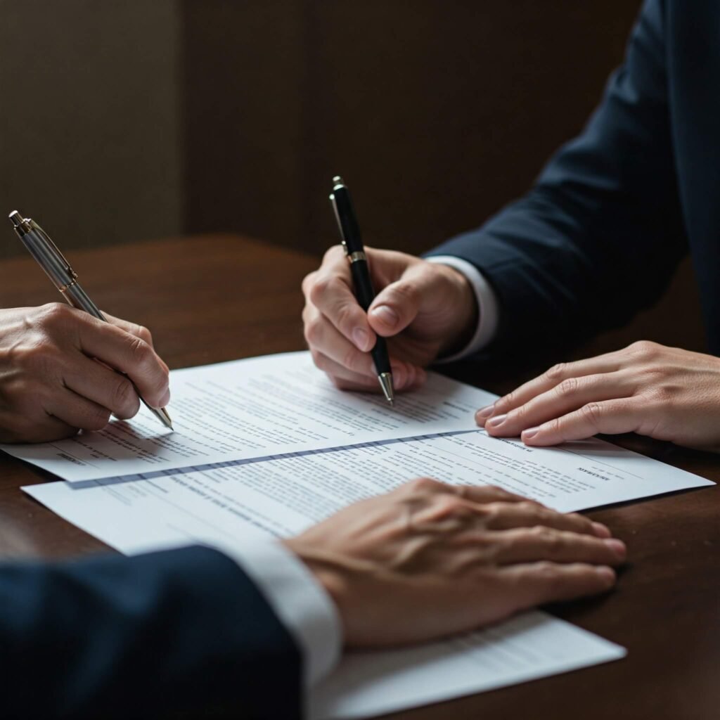 Hands signing legal documents
