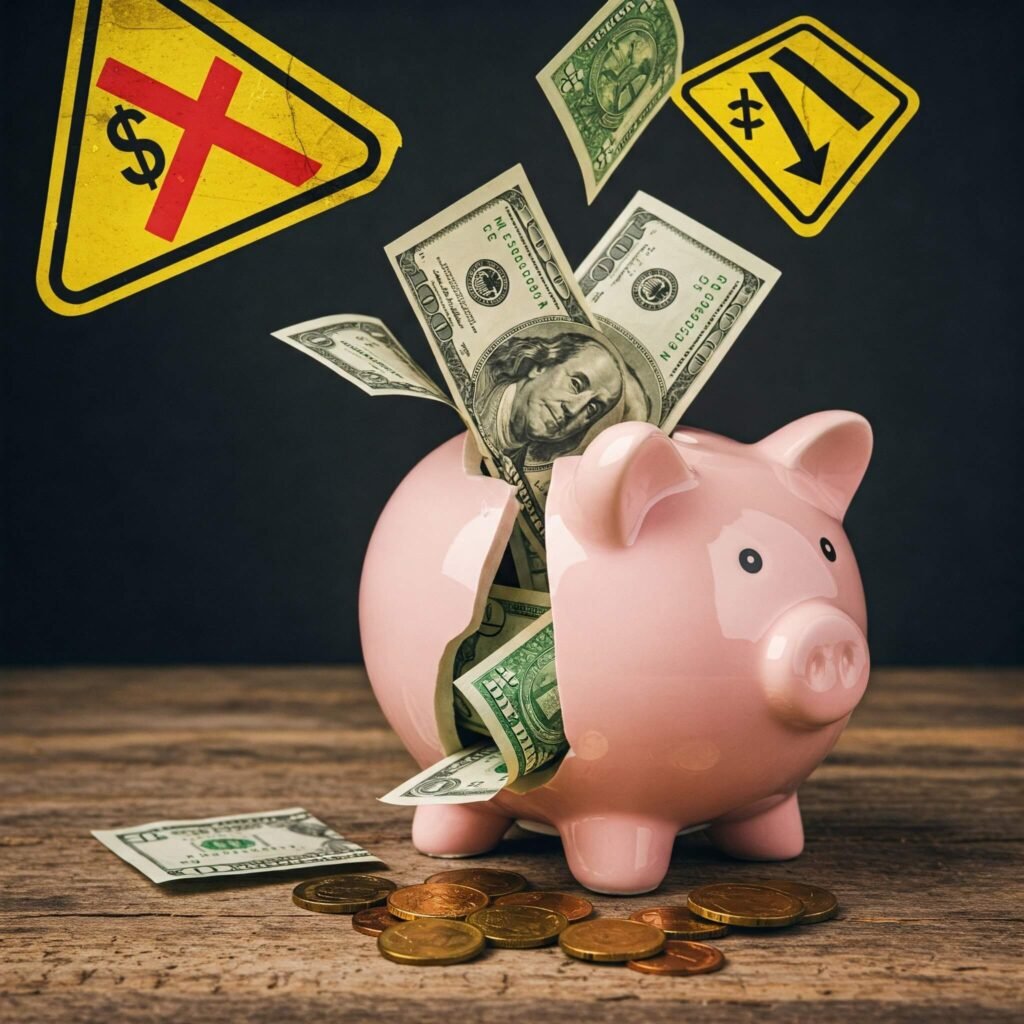 Cracked Piggy Bank with Money Falling Out