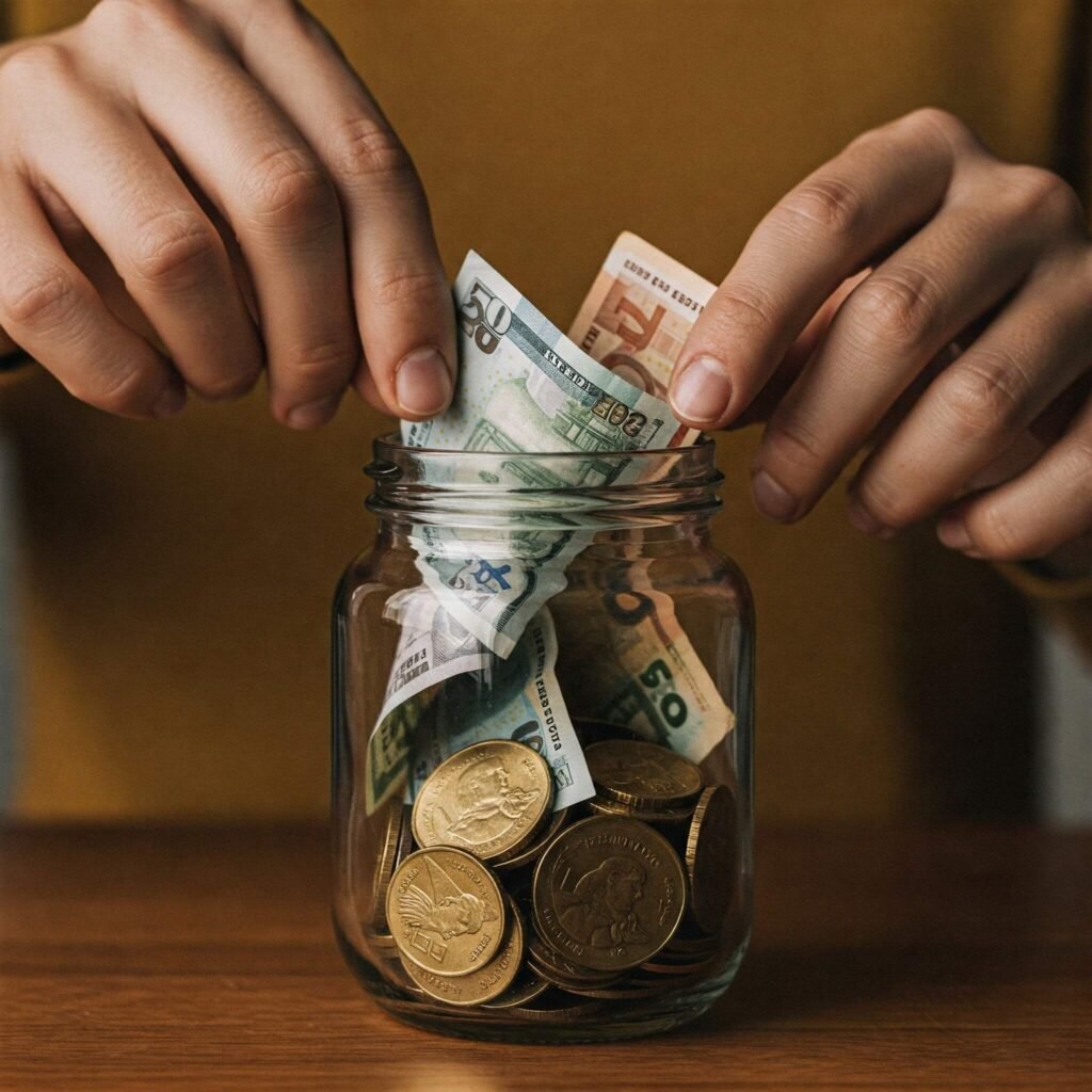Saving money in piggy bank