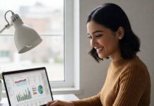 Smiling woman budgeting on laptop