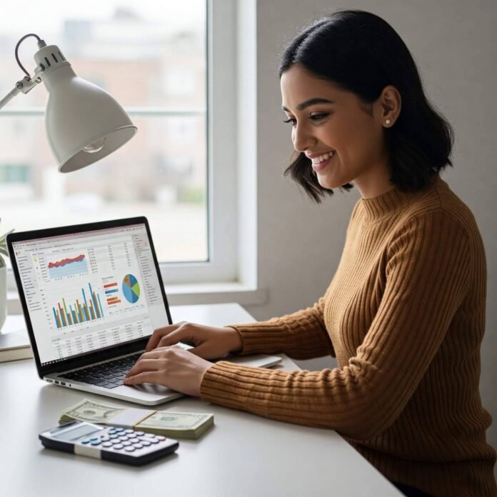 Smiling woman budgeting on laptop Smiling woman budgeting on laptop