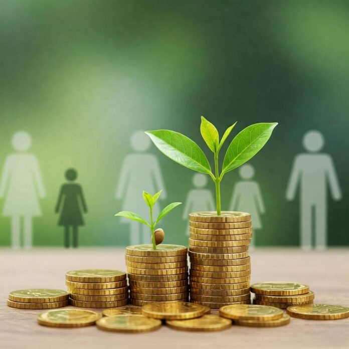 Seedling growing from coins Seedling growing from coins