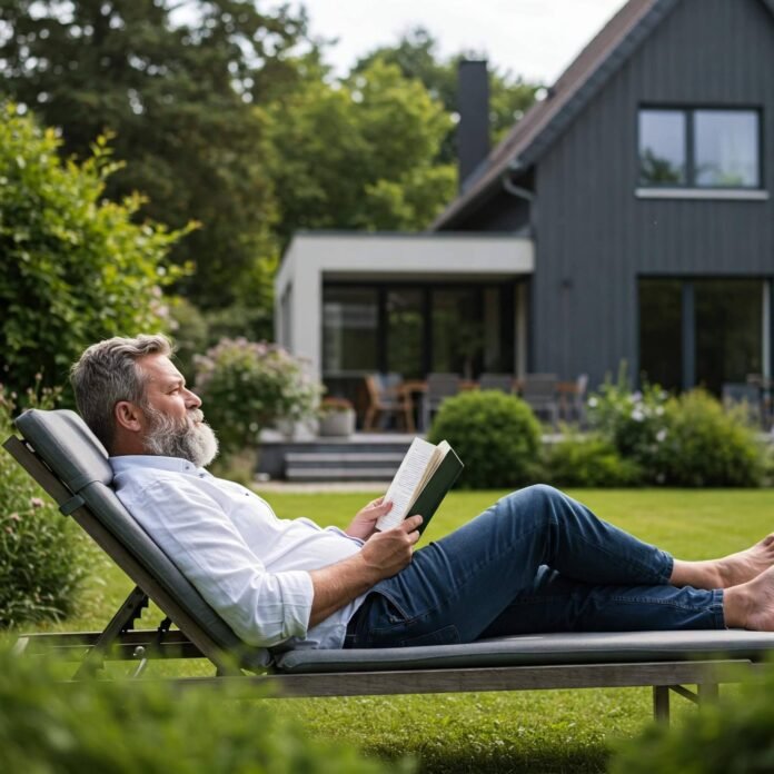 Retired man reading in garden